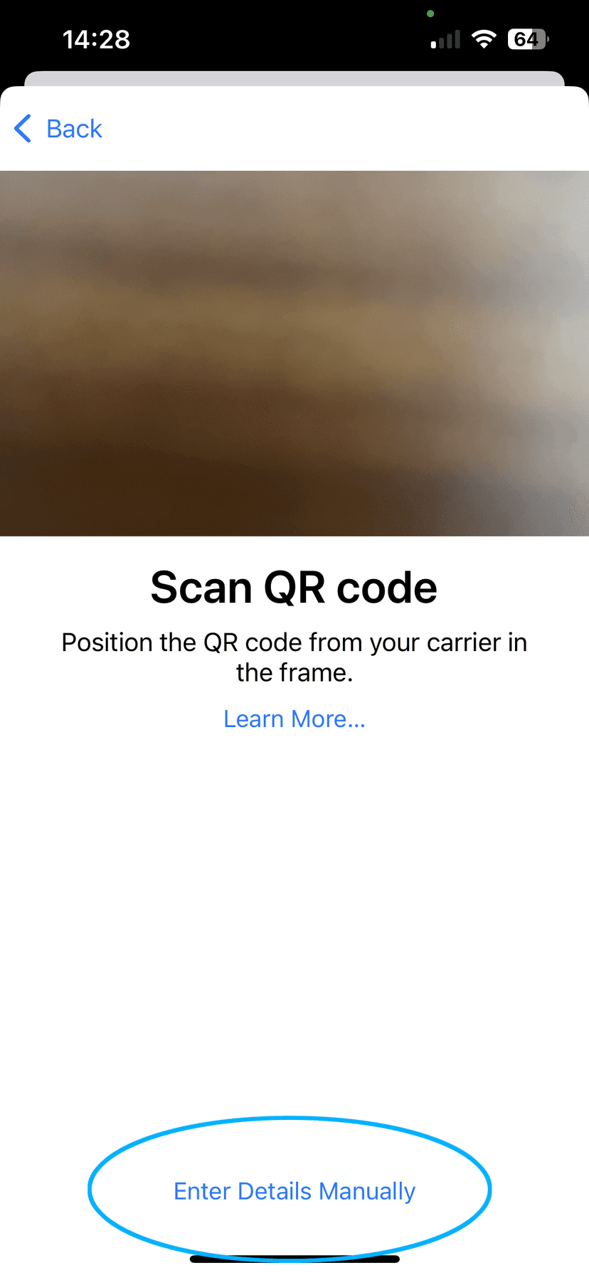 Camera screen showing Enter Details Manually option at bottom