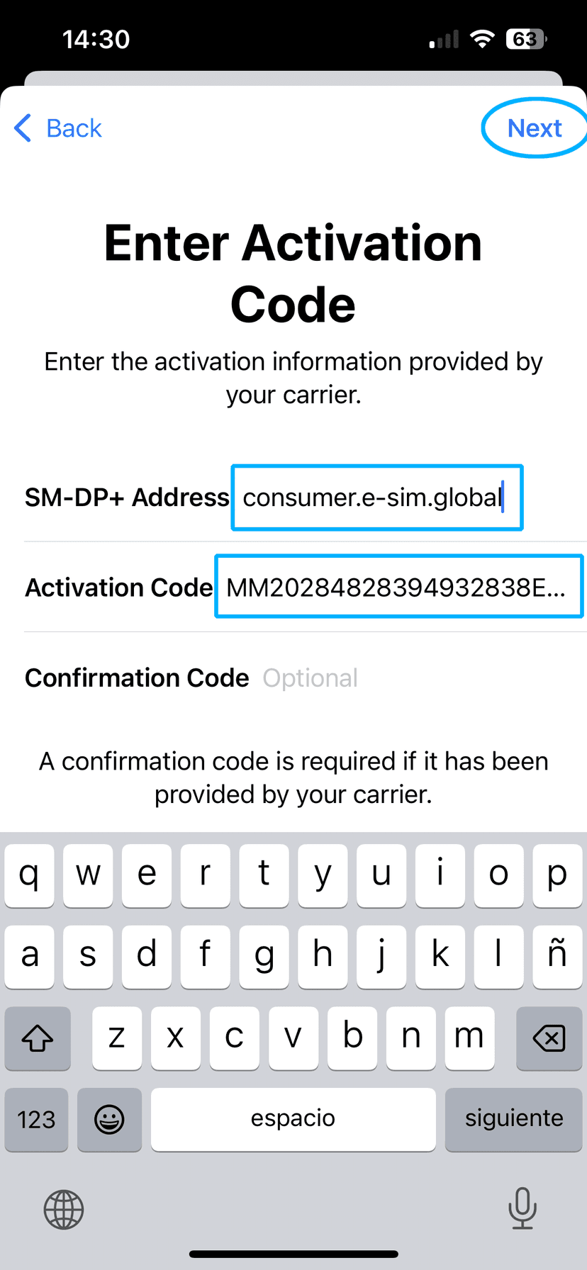 Manual entry screen for SM-DP+ Address and Activation Code