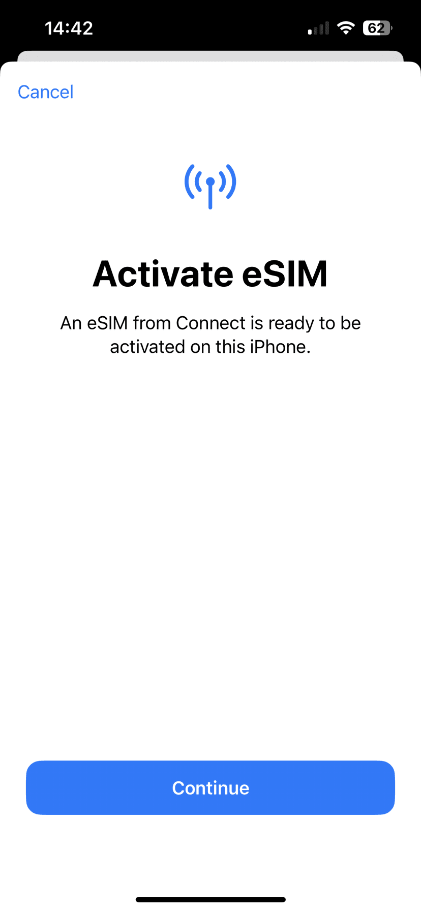 Activate eSIM screen showing Continue button