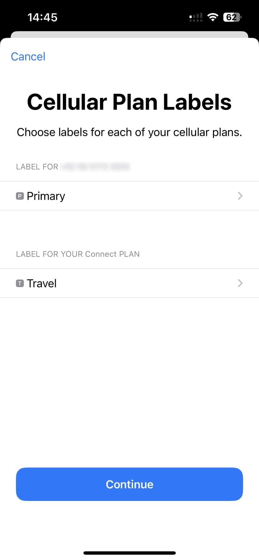 Cellular Plan Labels screen showing Primary and Travel labels