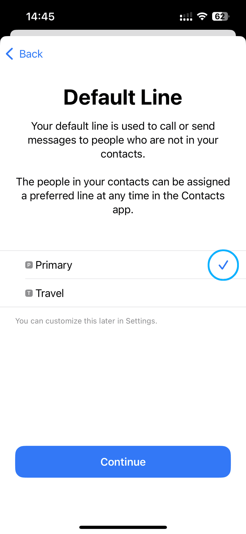 Default Line screen with Primary selected