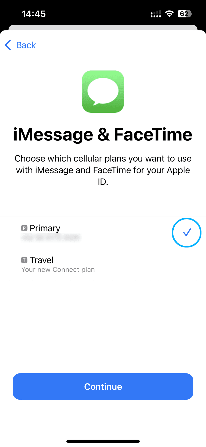 iMessage and FaceTime screen with Primary selected