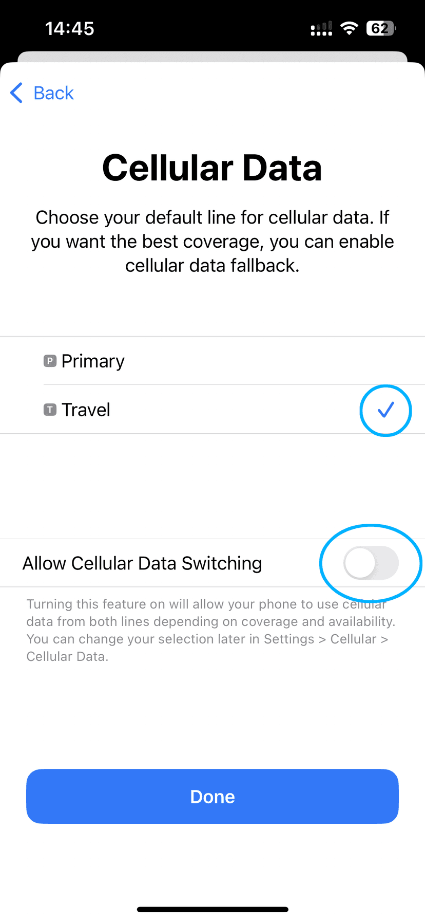 Cellular Data screen with Travel selected and Allow Cellular Data Switching off