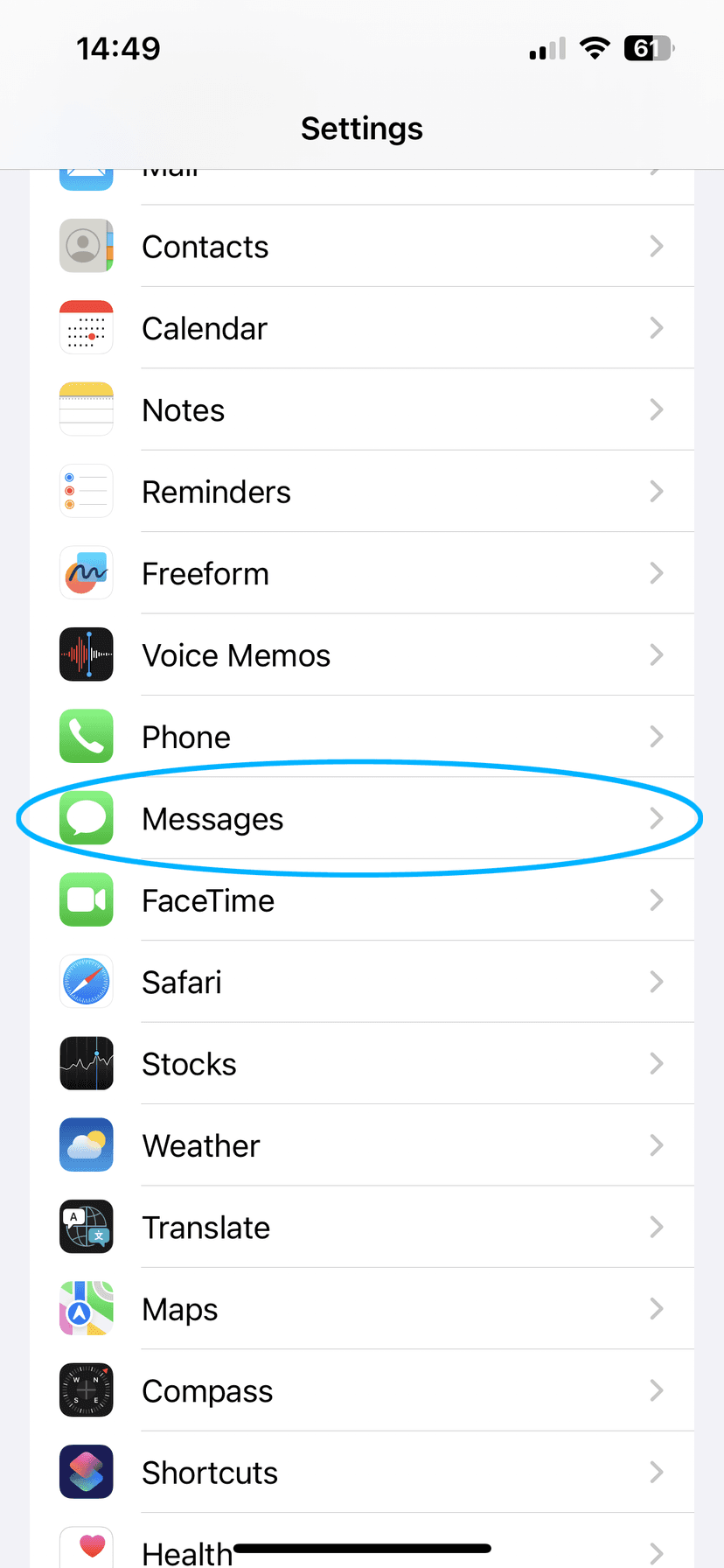 Settings screen showing Messages option highlighted