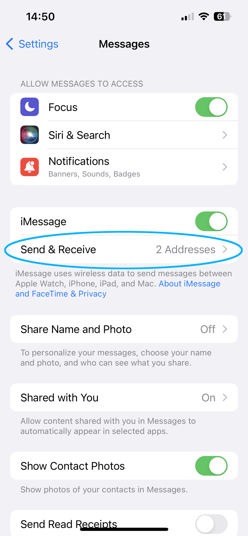 Messages settings showing Send and Receive option