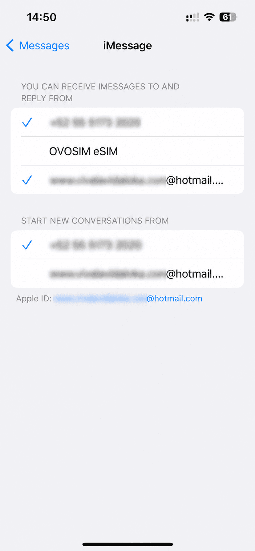 iMessage screen showing Primary number and Apple ID enabled, OVOSIM eSIM disabled